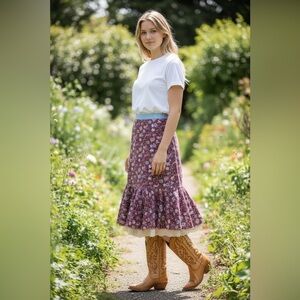 VTG Free People Corduroy Lace Ruffle Floral Skirt Size 8 Burgundy